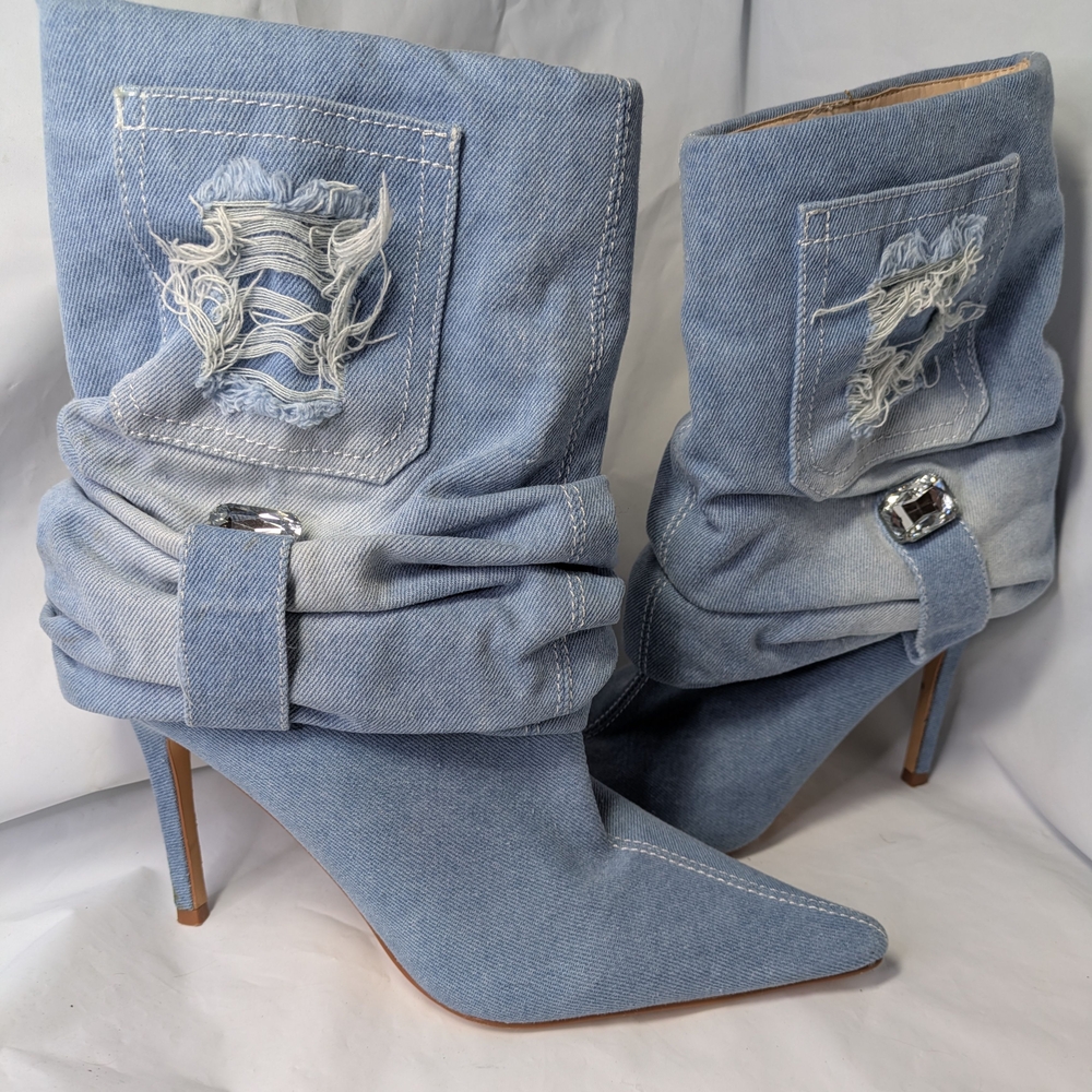 AZALEA WANG Denim Blue Women's Heeled Boots, Size 7.5
